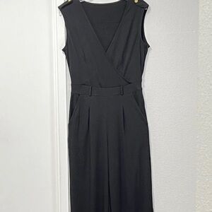 Womens‎ Jumpsuit Black Wide Leg Size M Stretchy Defined Waist Pockets Minimalist